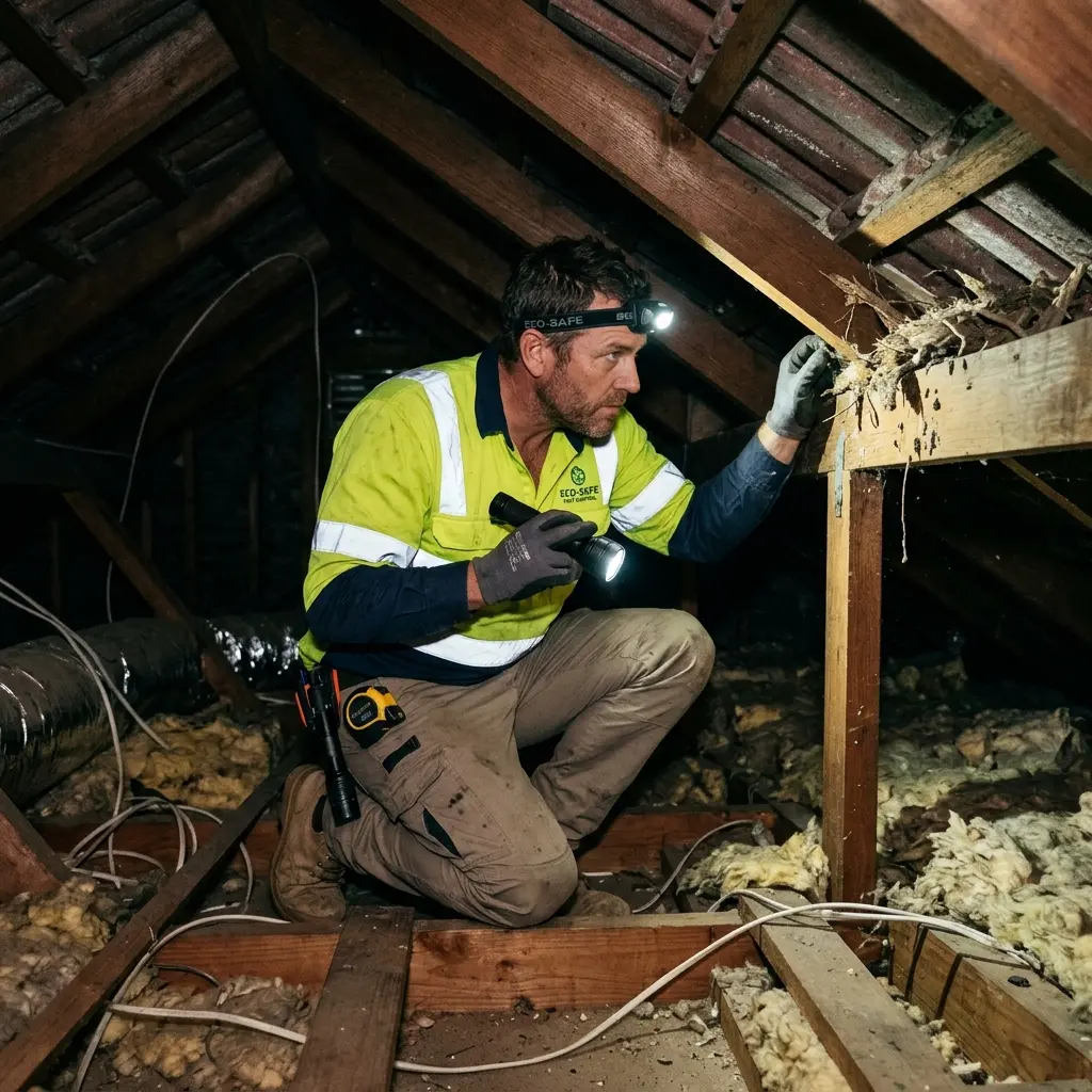 Technician inspecting a roof cavity for a dead animal in St Kilda East