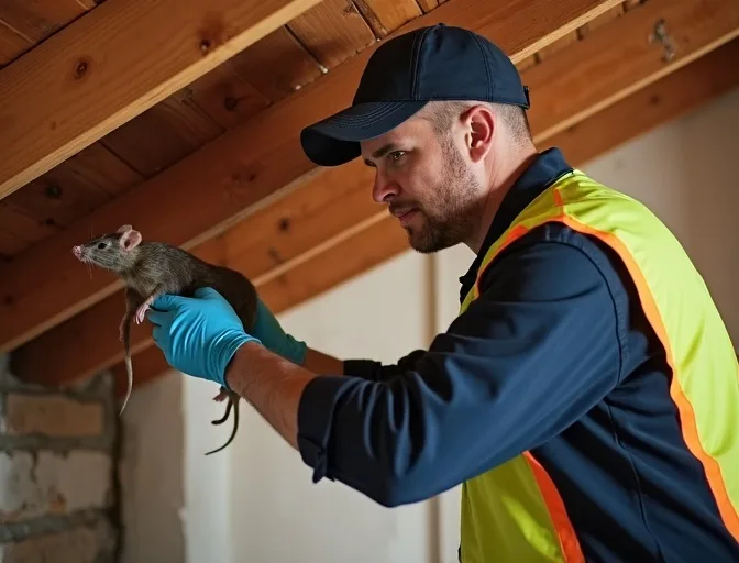 Technician inspecting a roof cavity for a dead rat in St Kilda East